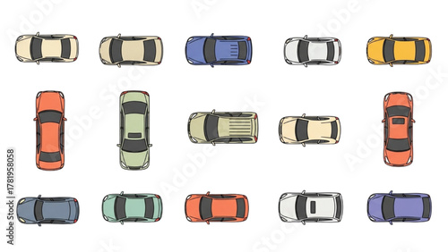 Collection of Colorful Top-Down View Cars on a White Background
