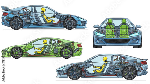 Detailed cutaway illustration of a modern car's internal mechanics and safety features