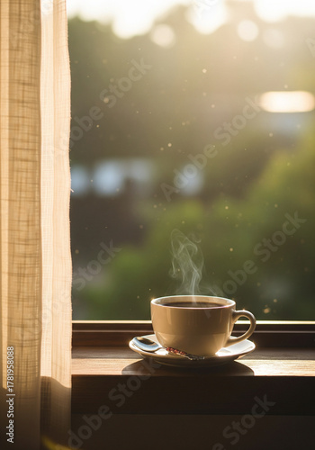 Peaceful morning scene with a steamy cup of coffee or tea on a windowsill, illuminated by the warm glow of the rising sun