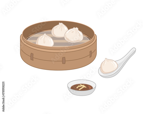 台湾料理小籠包（ショウロンポウ）のベクターイラストセット - 蒸籠、れんげ、生姜と醤油のシンプルイラスト