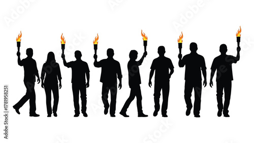 People silhouettes holding torches isolated on white background, Vector