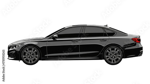 Sleek black executive sedan illustration isolated on a crisp white background, perfect for automotive designs and concepts