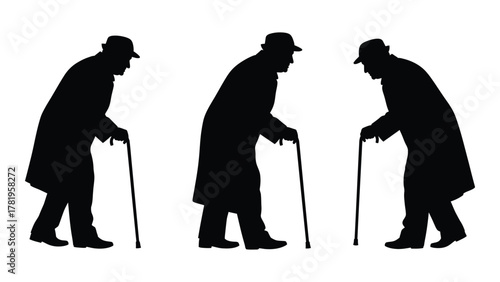 Elderly man with cane silhouettes isolated on white background, Vector