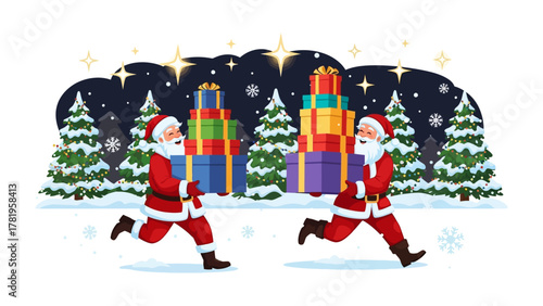 Festive Delivery Dash: Two figures, clad in iconic red attire, make a hurried journey through a snowy landscape, each carrying a tower of wrapped gifts, evoking anticipation and holiday cheer.