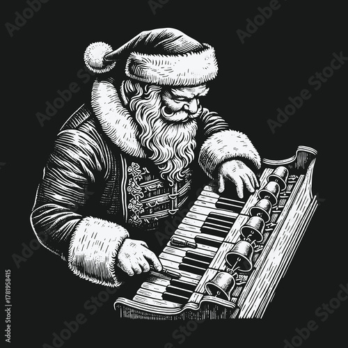 Black and white vintage illustration of Santa Claus playing a musical keyboard with bells.