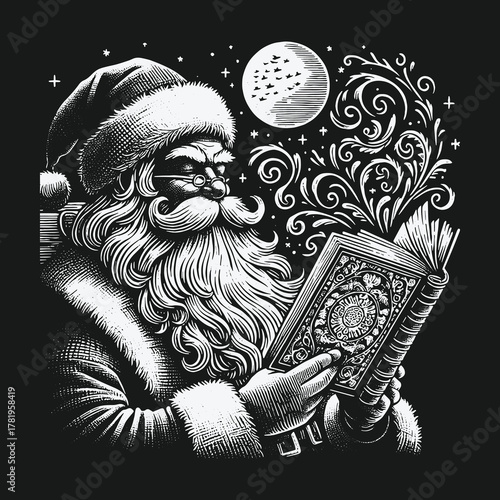 Mystical Santa Claus Reading a Magical Book Under the Full Moon.