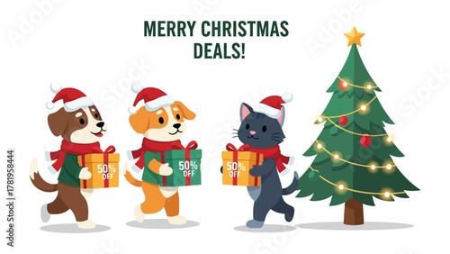 Festive Companions: A heartwarming scene unfolds as a cat, a dog, and another dog, all dressed in holiday attire, merrily carry wrapped gifts beneath a twinkling Christmas tree.