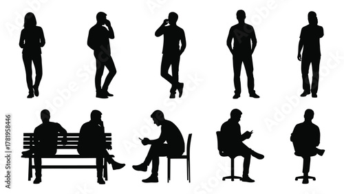 Human silhouettes collection in various poses isolated on white background, Vector