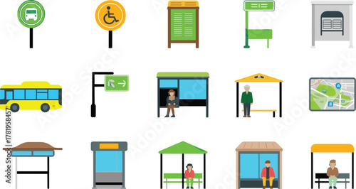 flat minimalist illustration set of bus stops transportation signs shelters and passengers for public transport system urban city design