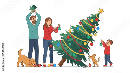Family Festive Traditions: A family embraces the spirit of the holidays, coming together to decorate a Christmas tree, radiating warmth and togetherness.