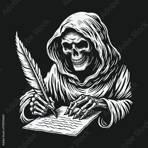 Grim Reaper skeleton writing a final message with a quill pen.