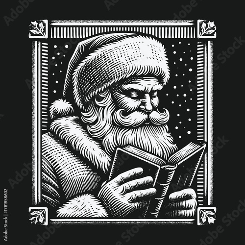 Vintage black and white illustration of Santa Claus reading a book.