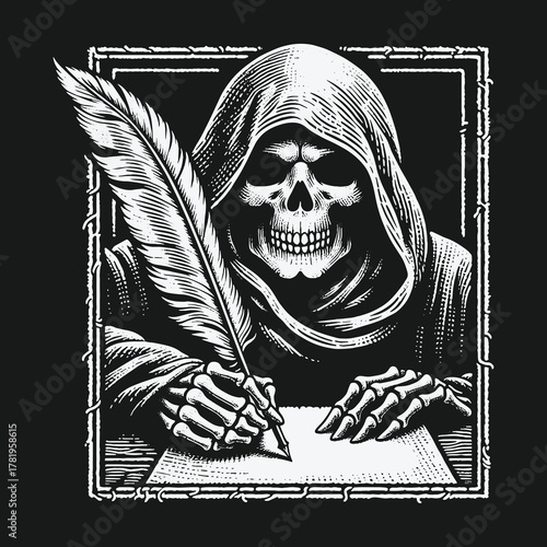 Grim Reaper skeleton in a hood writing with a feather quill.