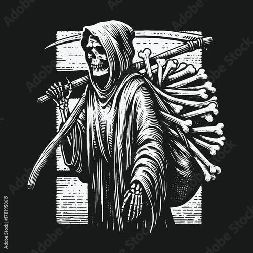 Grim Reaper with Scythe and Sack of Bones Vintage Illustration.