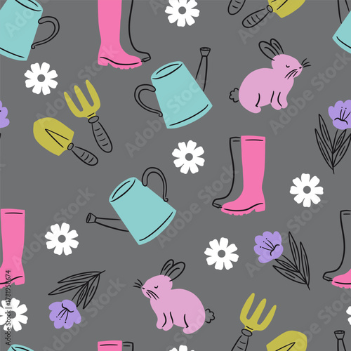 Spring Gardening Tools and Rabbits Vector Seamless Pattern