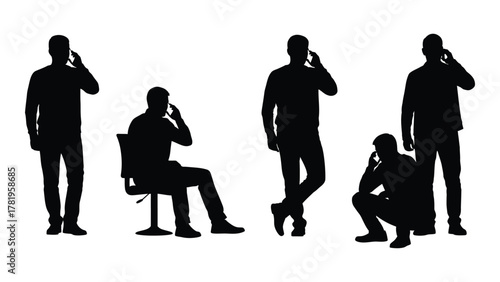 Men on phone call silhouettes isolated on white background, Vector