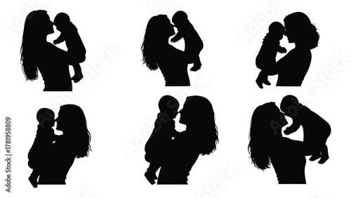 Mother and baby silhouettes collection isolated on white background, Vector