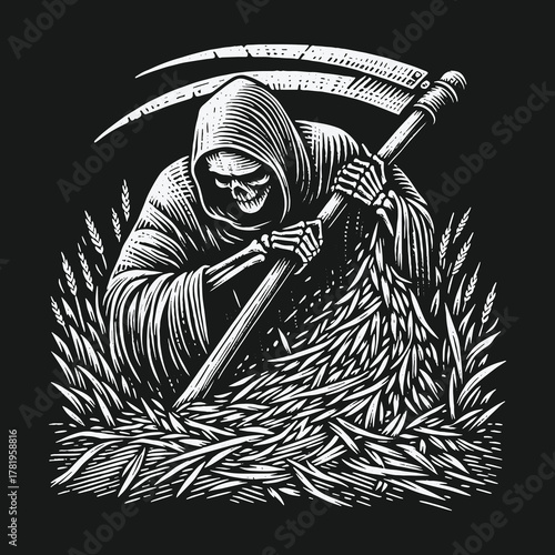 Black and white woodcut illustration of the Grim Reaper harvesting wheat with a scythe.