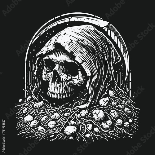 Monochrome gothic illustration of a hooded skull on a pile of roots.