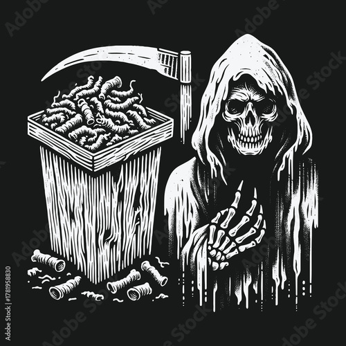 Grim Reaper with scythe and trash can full of cigarette butts vintage illustration.
