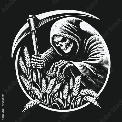 The Grim Reaper harvesting wheat with a scythe vector illustration.