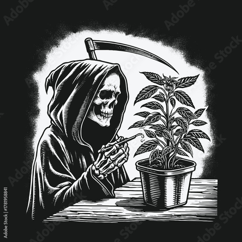 Monochrome illustration of the Grim Reaper carefully tending to a potted plant.