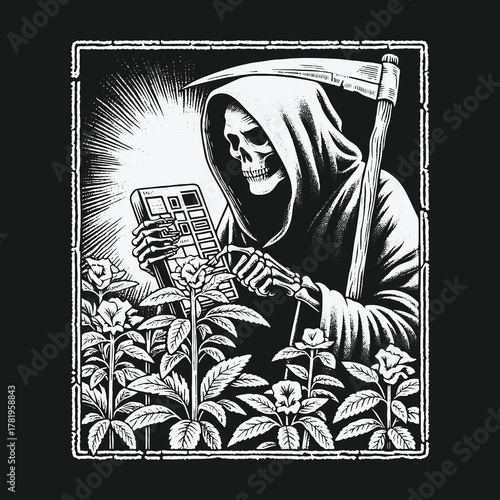 Modern Grim Reaper using a glowing smartphone in a rose garden illustration.