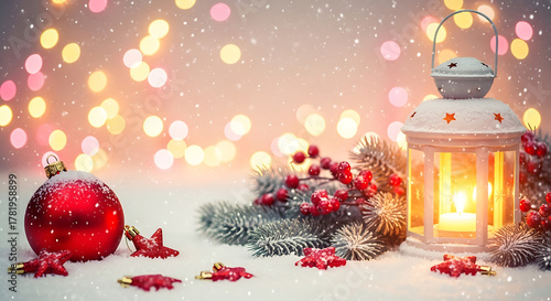 Christmas ornament and lantern with candle on snow and blurred lights