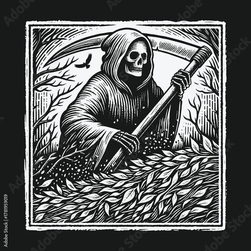 Grim Reaper with a scythe in a dark forest vintage woodcut illustration.