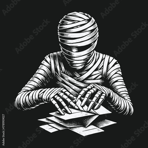 Mysterious ancient mummy handling paperwork in the dark illustration.