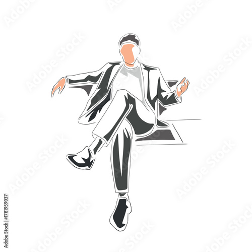 Isolated vector illustration of a confident man in a suit sitting with one leg crossed, front view. Relaxed male figure leaning on the chair back and gesturing as if explaining. Business people