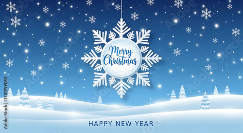 Merry christmas and happy new year greeting card with snowflake design