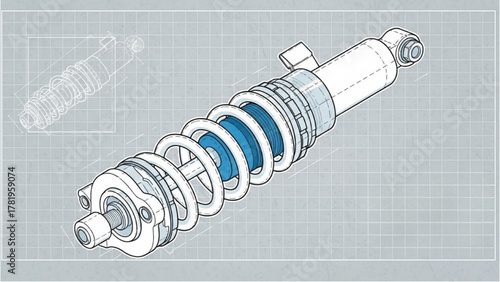 Detailed Cross-Section Illustration of a Car Shock Absorber and Suspension System