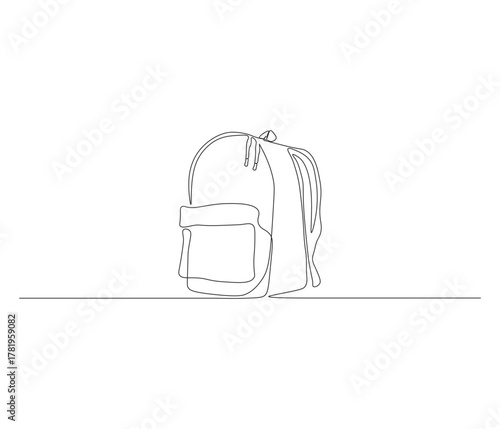 One continuous line drawing of ransel backpack. single line drawing of school backpack. back to school education concept. editable outline