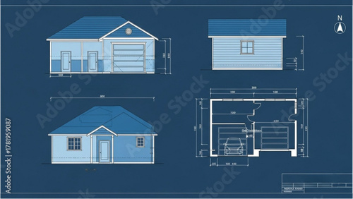 Technical Blueprint of a Detached Garage Featuring Elevations, Floor Plan, and Dimensions