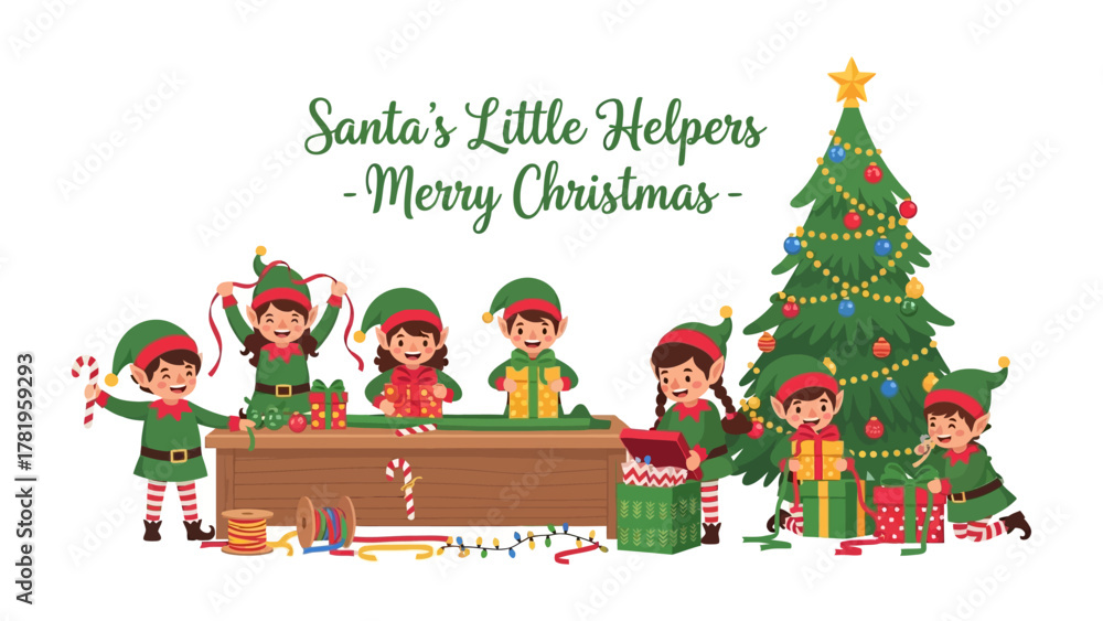 Fototapeta premium Santa's Little Helpers: Joyful elves prepare gifts for Christmas, embracing the festive spirit amidst the warm glow of the season.