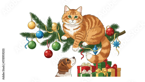 Cat and Dog's Holiday Magic: A whimsical holiday scene featuring a charming orange tabby cat perched playfully in a festive Christmas tree, alongside an adorable puppy gazing up with festive gifts.