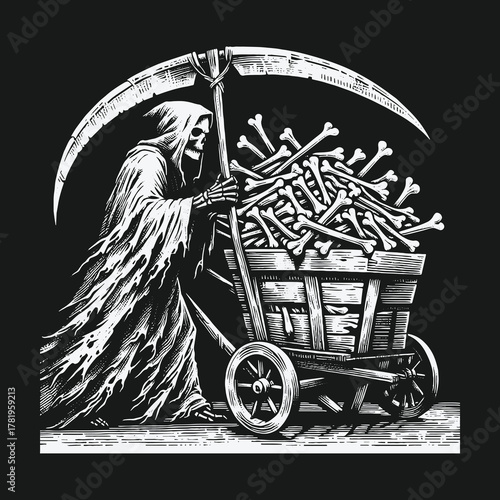 Skeletal Grim Reaper with a scythe pushing a cart full of bones.