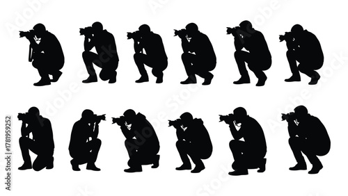 Crouching photographers silhouettes isolated on white background, Vector