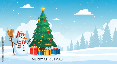 Snowman with christmas tree and gifts in winter landscape with merry christmas