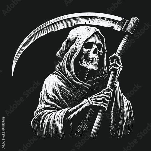 Monochrome Engraving Style Illustration of the Grim Reaper.