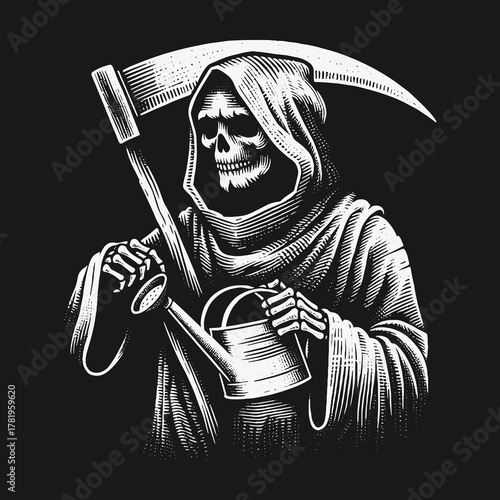 Monochrome vintage engraving of the Grim Reaper holding a scythe and a watering can.