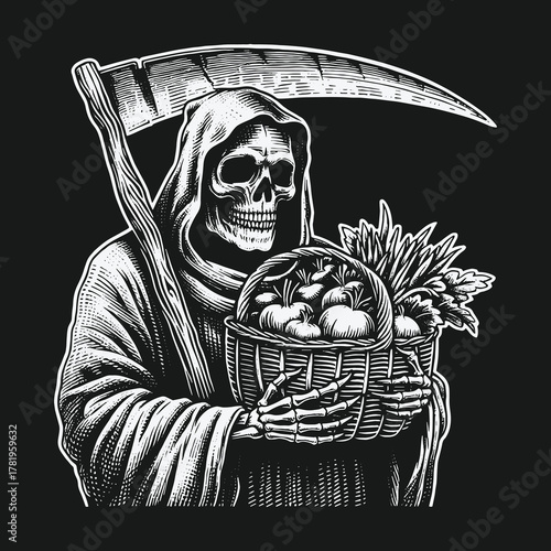 Grim Reaper holding a scythe and a basket of vegetables.