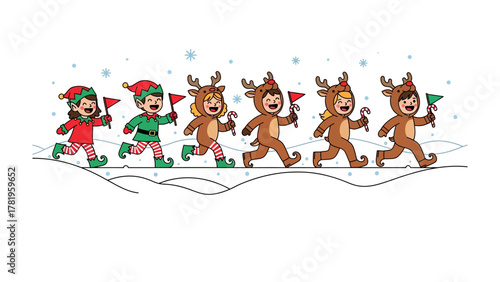 Festive Run: A group of children in Christmas costumes cheerfully running across a snowy landscape, each holding a flag, embodying the festive spirit of the season.