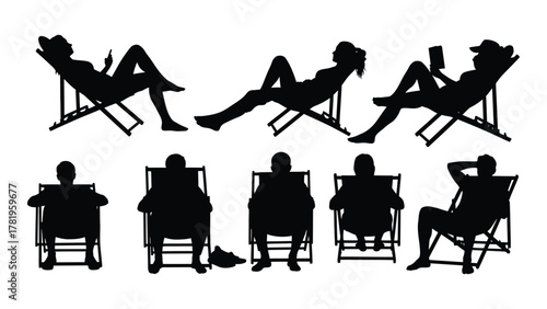 People relaxing in deck chairs silhouettes isolated on white background, Vector