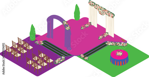 Isometric wedding ceremony venue illustration with floral arch, chairs, stage, table decoration, outdoor event setup, romantic celebration scene