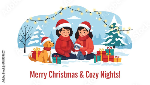 Holiday Bliss: Two figures, wrapped in winter attire, are cozied up in a snowy scene, flanked by a dog, a cat, and surrounded by festively wrapped gifts.