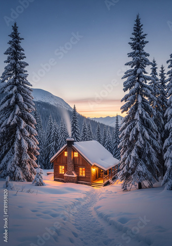 Cozy Log Cabin Nestled in a Snowy Forest During a Beautiful Winter Twilight