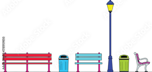 Minimalist city park illustration with benches, streetlight, trash bins, clean urban landscape design, outdoor public seating, modern flat vector style