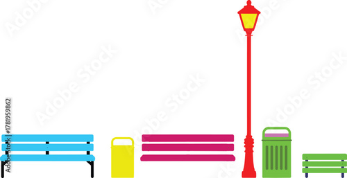 Minimalist city park illustration with benches, streetlight, trash bins, clean urban landscape design, outdoor public seating, modern flat vector style